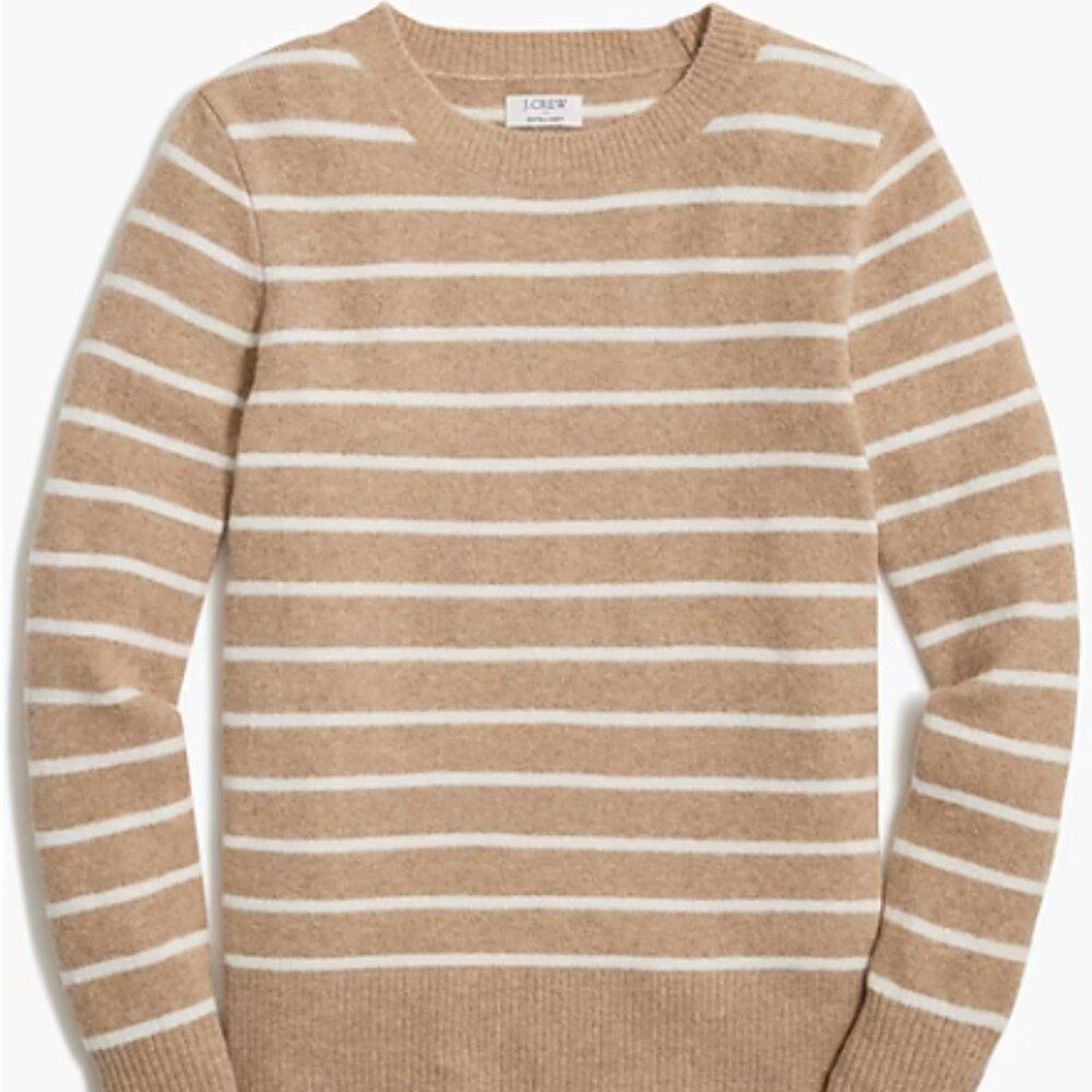 J Crew Striped Crewneck Sweater Premium Soft Yarn Winter Tan White